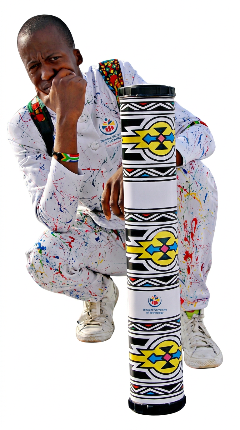 Siyabonga Innocent Ndwalane, founder of Turnup Speakers, holding a Ndebele-patterned tower speaker